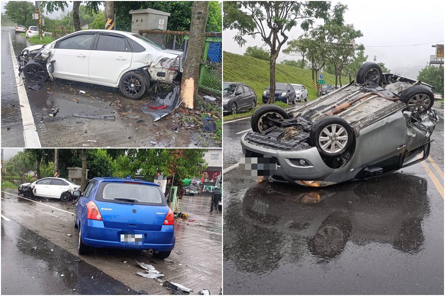 影音/疑因天雨路滑肇事 一車撞兩車後四輪朝天翻覆