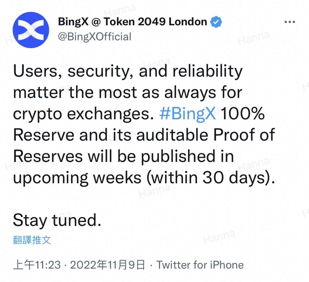 BingX計劃將在未來30天內發佈其100%儲備金證明