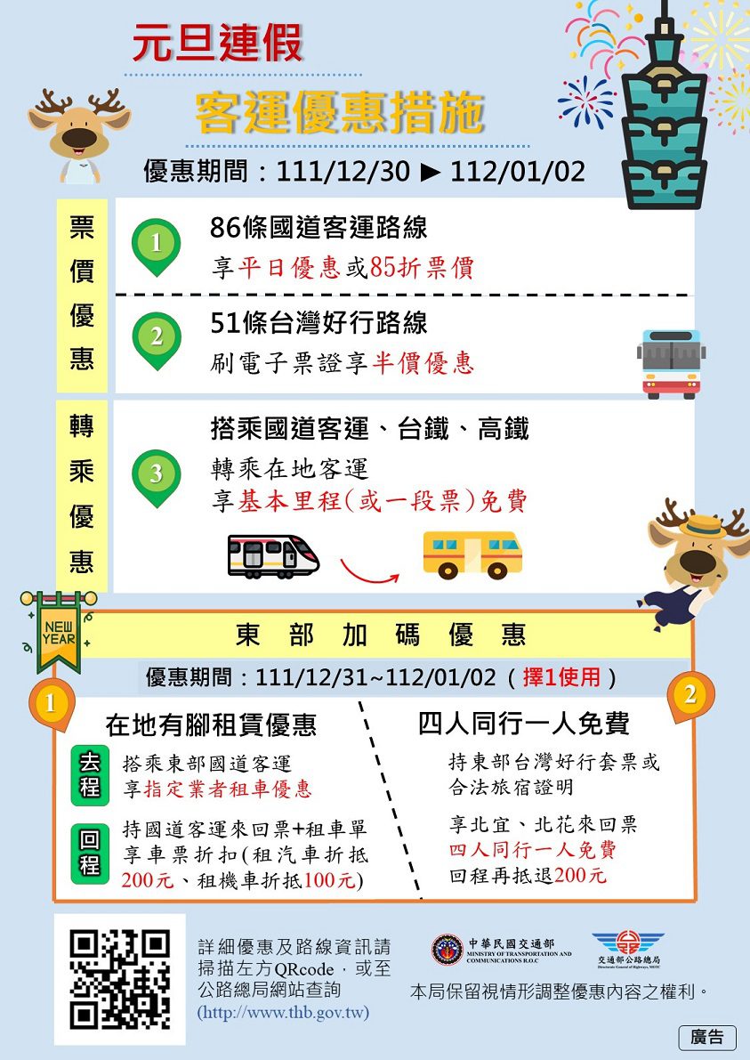 元旦連假　客運票價優惠措施
