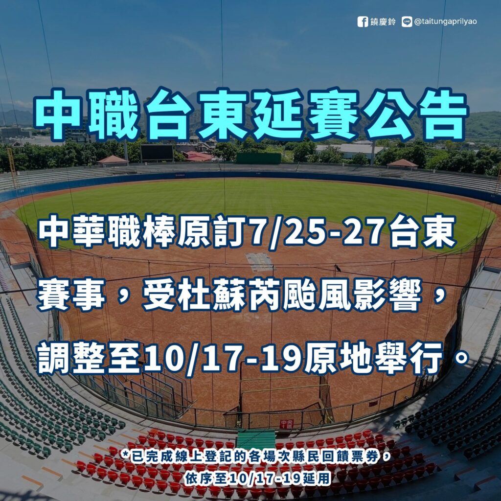 受颱風杜蘇芮影響　中華職棒宣布台東場賽事調至10/17-19原地舉行