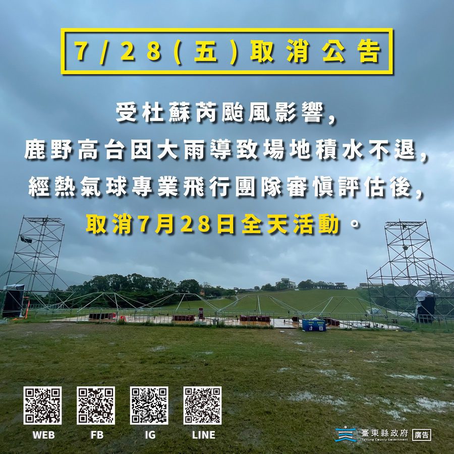 都是杜蘇芮害的　鹿野高台熱氣球場地泥濘　7/28活動取消