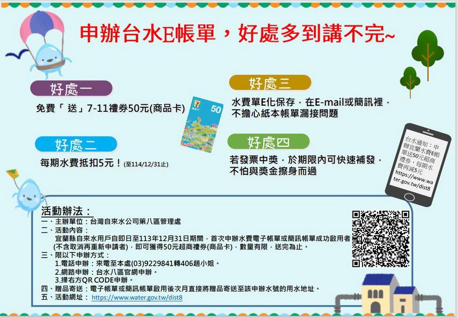 台水E帳單好處多　即日起至114/12/31申辦　每期水費減5元