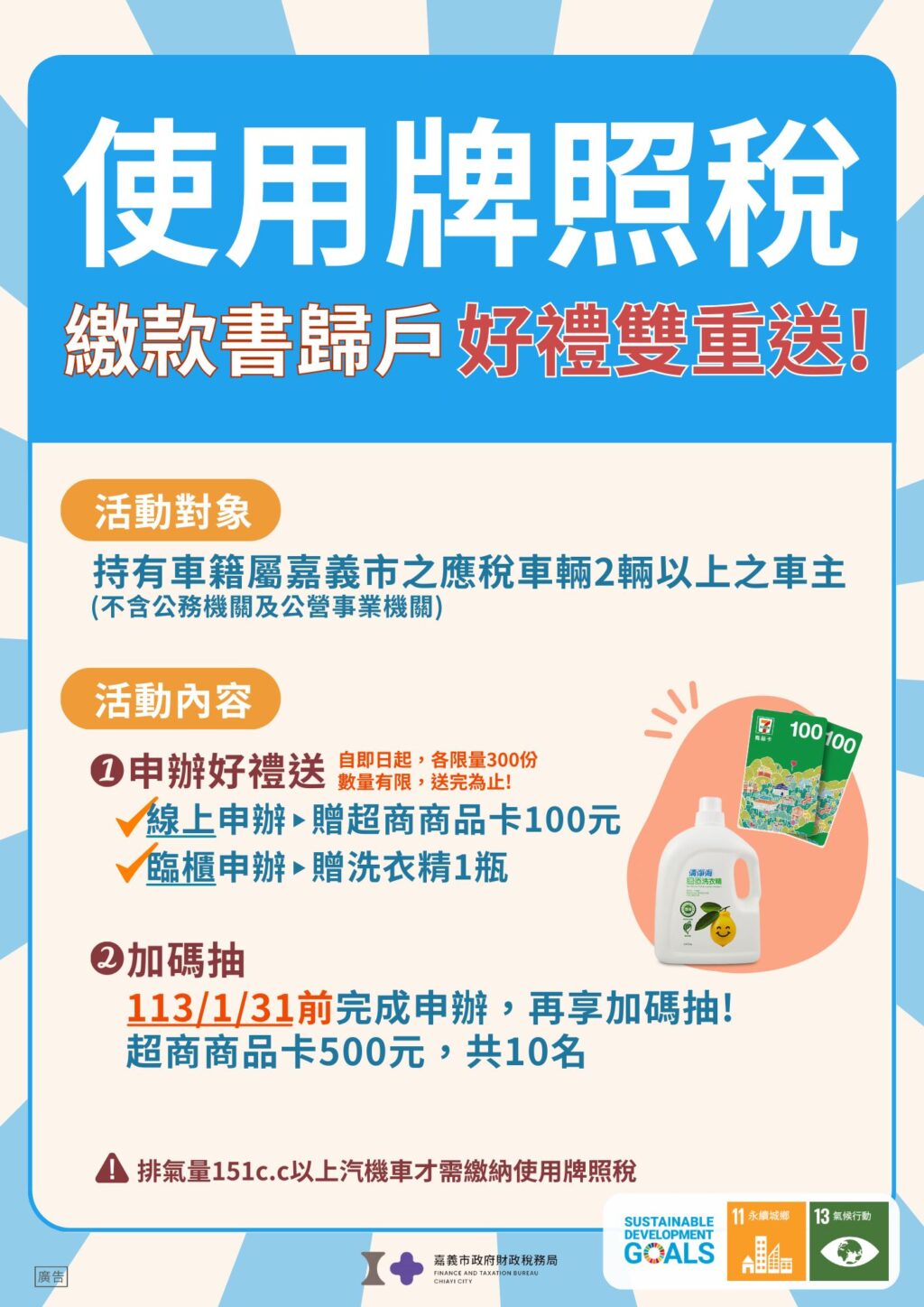 嘉市永續行動+1　獎勵車主牌照稅歸戶送好康