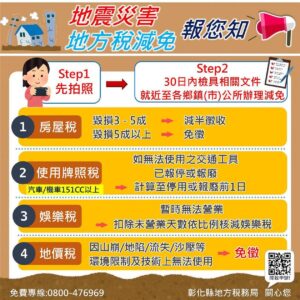 近日地震頻繁　受災土地、房屋、車輛或娛樂場所記得可申請地方稅減免