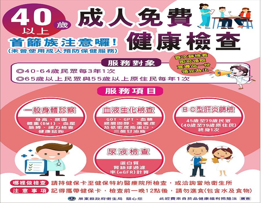 屏東縣社區性整合性篩檢及成人健檢開跑　40至44歲首次篩檢享好禮