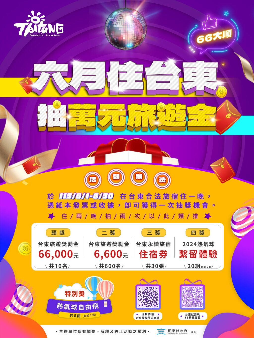 振興臺東觀光   縣府推方案頭獎六萬六千元獎勵金
