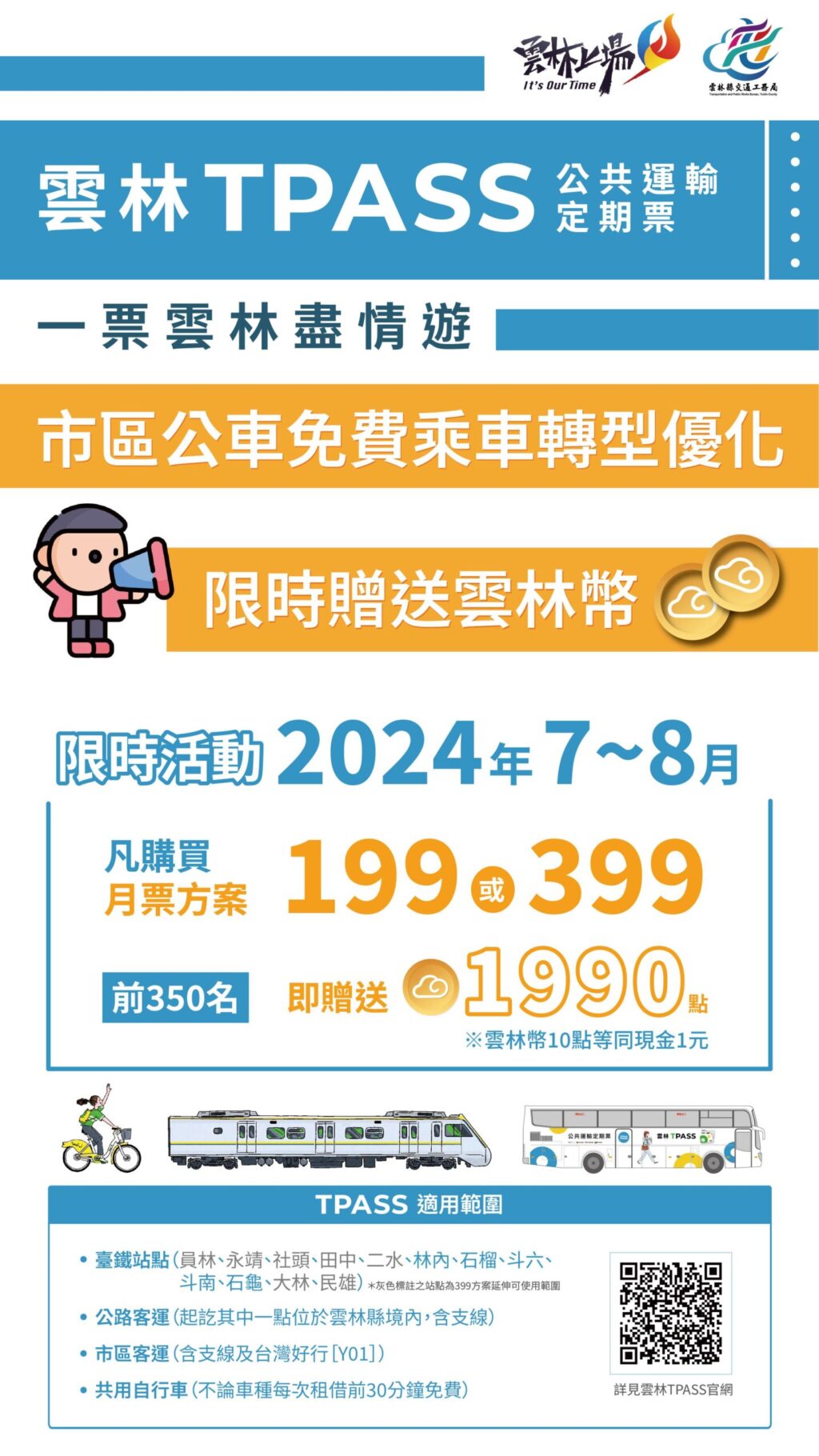 雲林縣推出TPASS定期票　搭公車送1990點雲林幣早鳥優惠