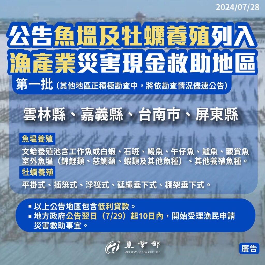 漁業災損現金救助及低利貸款　8月7日前受理申請