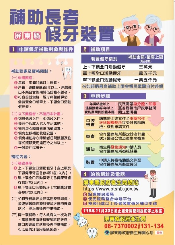 屏縣長者假牙裝置放寬補助    照顧長輩牙口健康