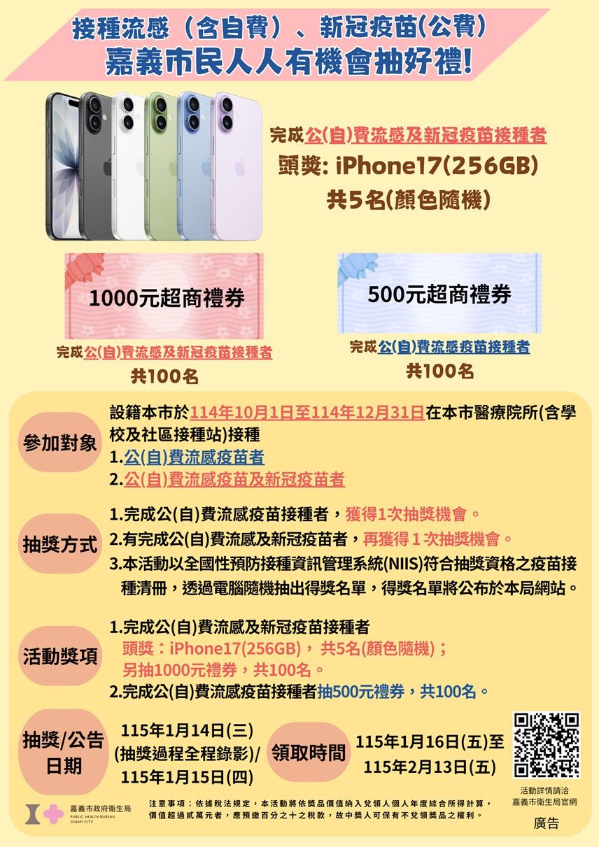 嘉義市流感疫苗剩不到7千劑　打疫苗抽iPhone活動月底截止