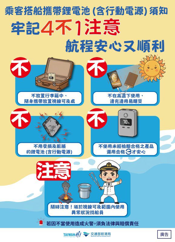 港灣新聞網 / 搭船攜帶行動電源「4不1注意」　航港局強化海上安全