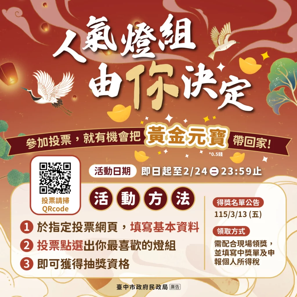 走春賞燈拚好運！　2026中台灣燈會「幸福祈願村」最強祈福燈區登場 票選人氣燈組抽萬元金元寶