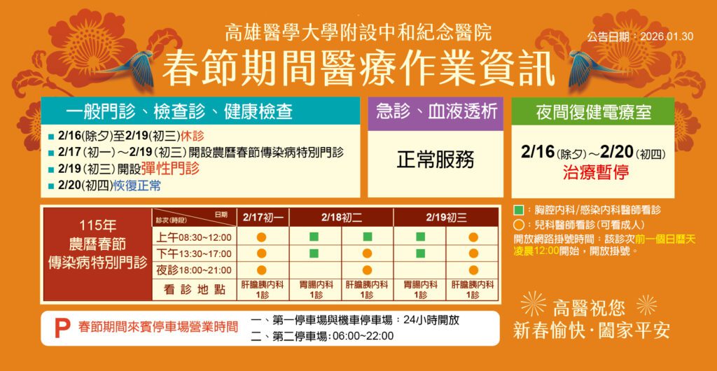 春節期間醫療服務不中斷　高醫加開彈性門診與傳染病特別門診，守護民眾健康