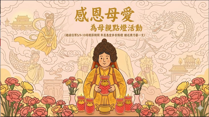 桃園大坑慈惠堂推母親節點燈活動　邀民眾為母親祈福　參香送康乃馨