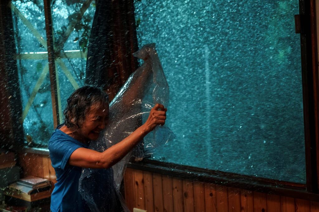 陸弈靜迎戰風雨奮不顧身 颱風吹到抱電桿