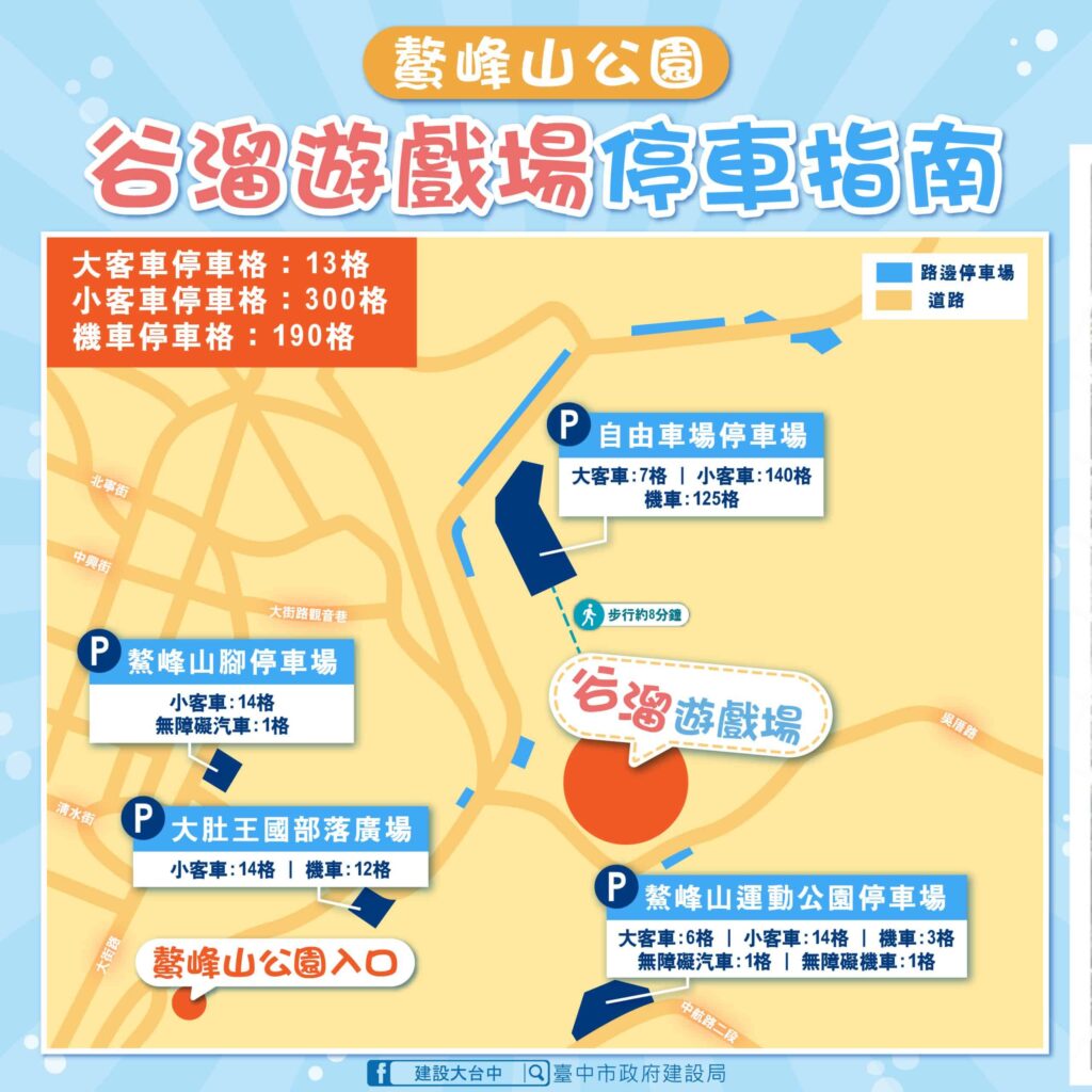 朝聖鰲峰山「谷溜遊戲場」先看這！ 　中市建設局推「停車指南地圖」停哪裡一次看懂