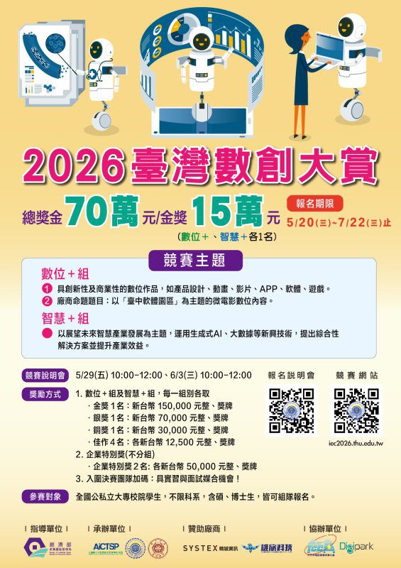 港灣新聞網 / 2026臺灣數創大賞開跑！總獎金70萬　AI創新、數位競賽全台學生拚金獎15萬