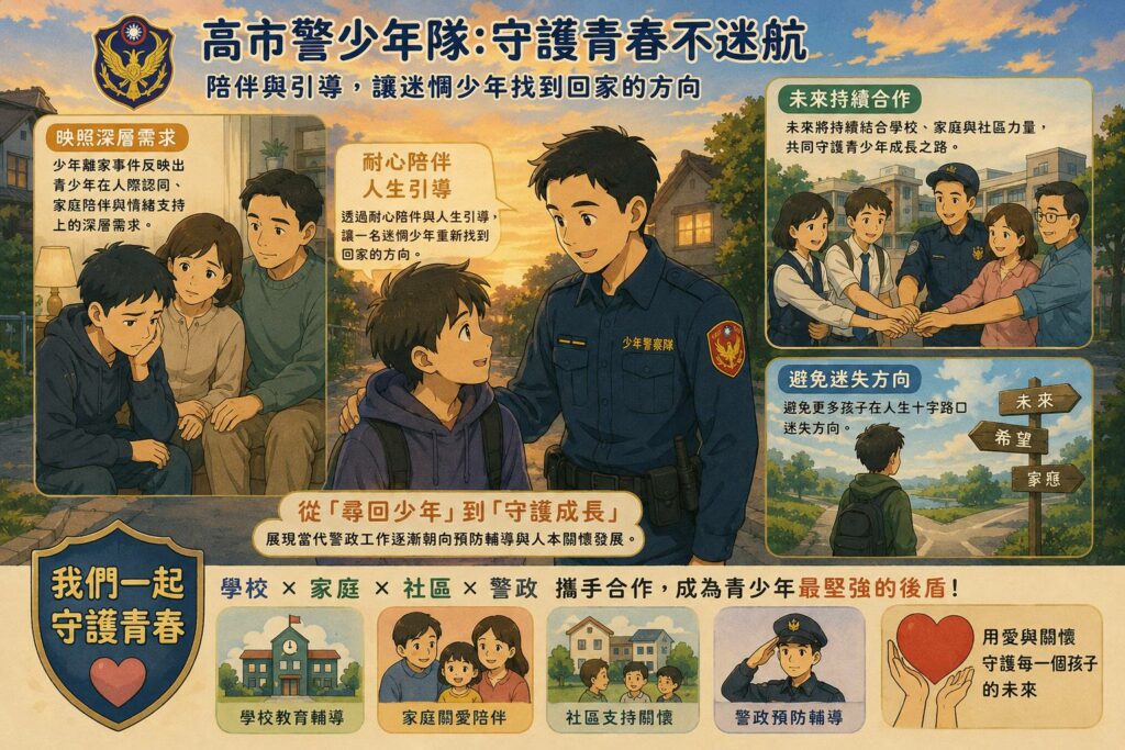 【傾聽、善誘、開導】迷途少年《叛逆離家出走》案，雄警少年警察隊尋回、輔導重返正途