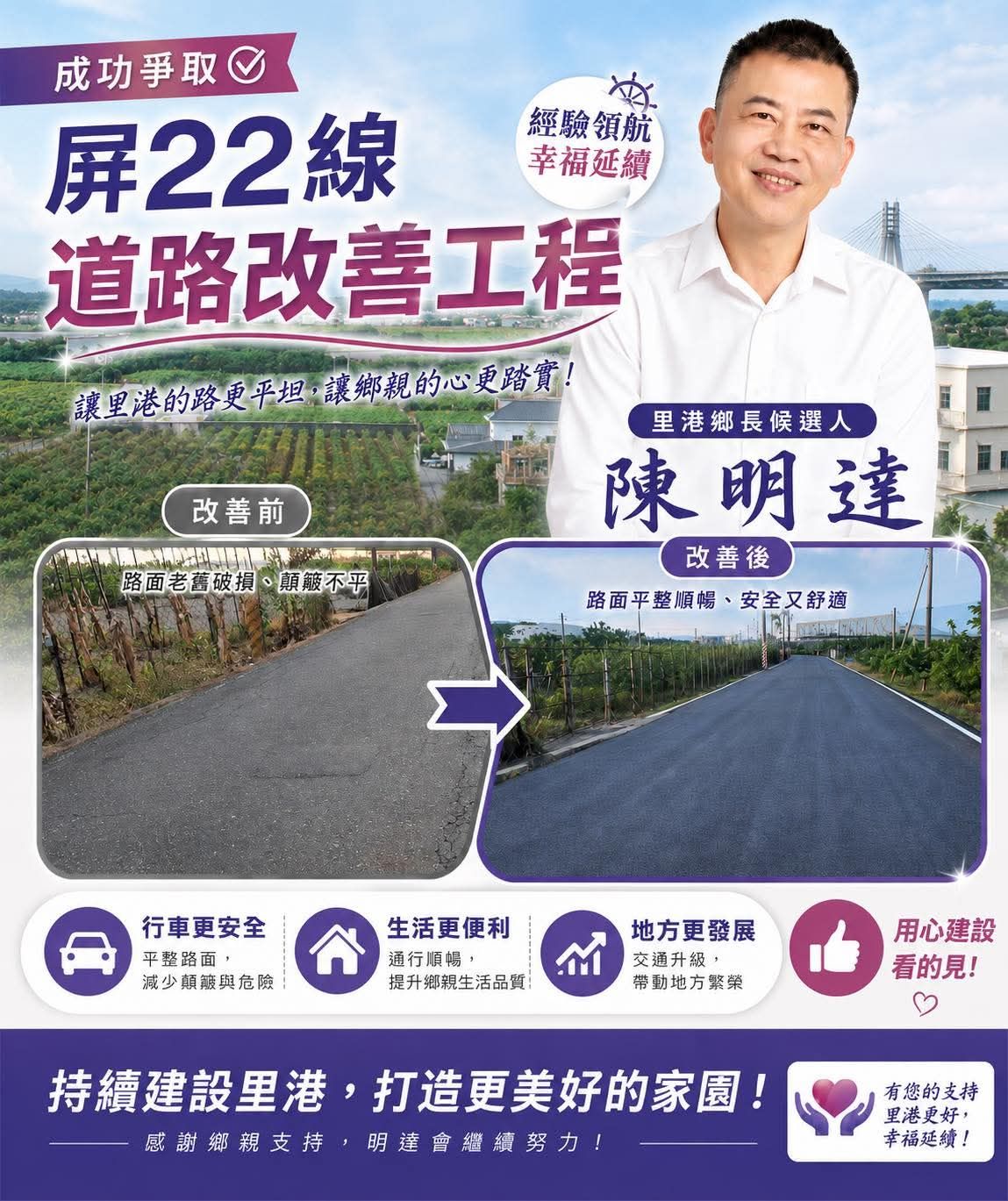 陳明達爭取「屏22線道路改善工程」完工　打造里港安全平坦回家的路