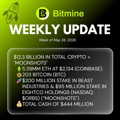 Bitmine Immersion Technologies (BMNR) 宣佈其以太幣 (ETH) 持有量達 539 萬枚，加密資產及現金總持有額達 123 億美元