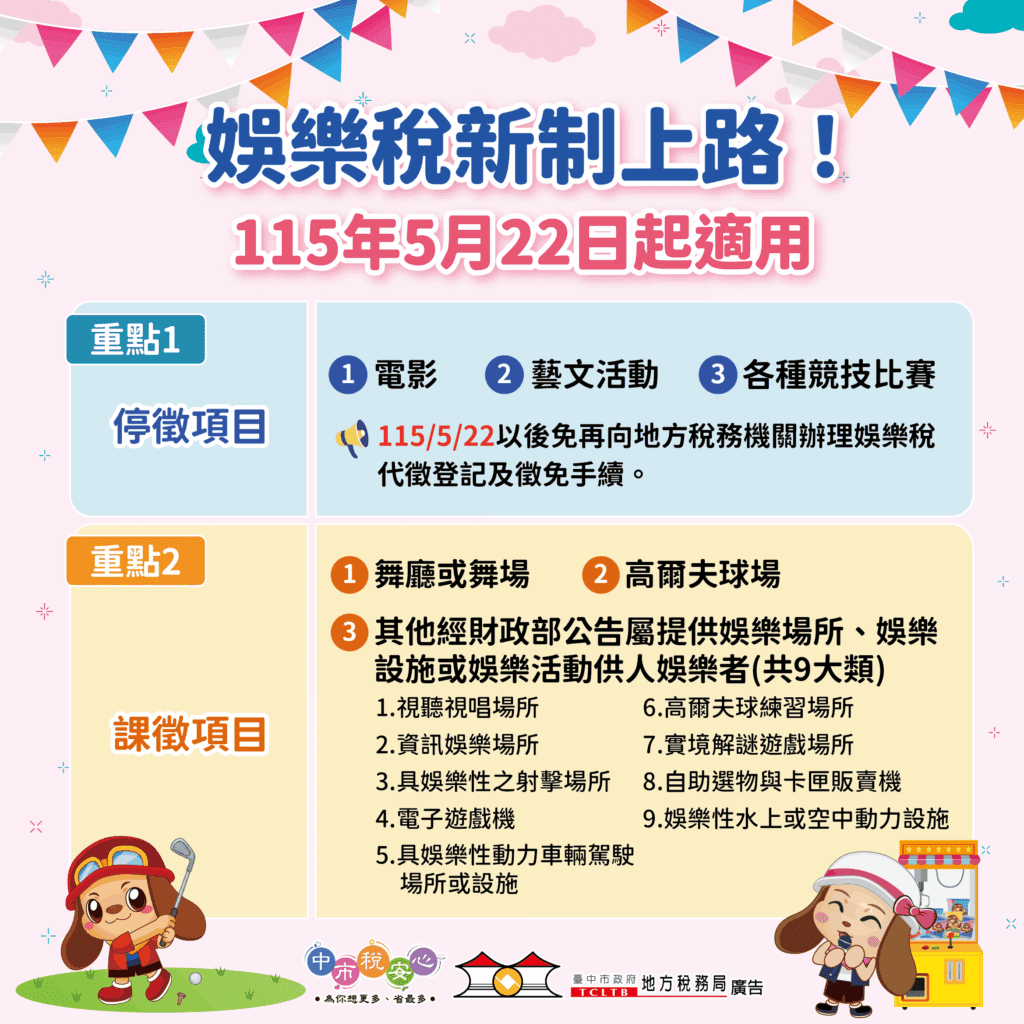 娛樂稅修法　中市地稅局曝免稅項目 提醒課稅業者注意申報時限
