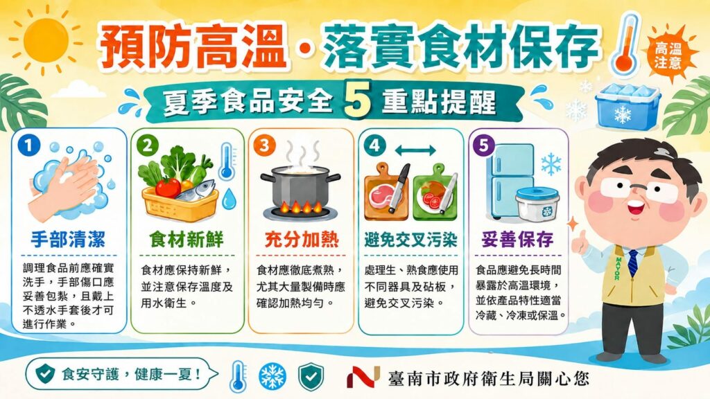高溫炎夏食安不鬆懈！南市衛生局提醒業者落實保存、加熱與衛生管理