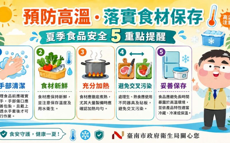高溫炎夏食安不鬆懈！南市衛生局提醒業者落實保存、加熱與衛生管理
