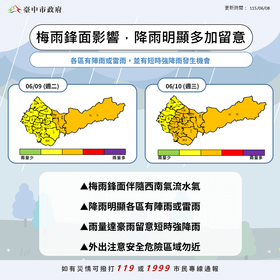 梅雨鋒面及西南氣流影響　中市水利局三級開設嚴防強降雨