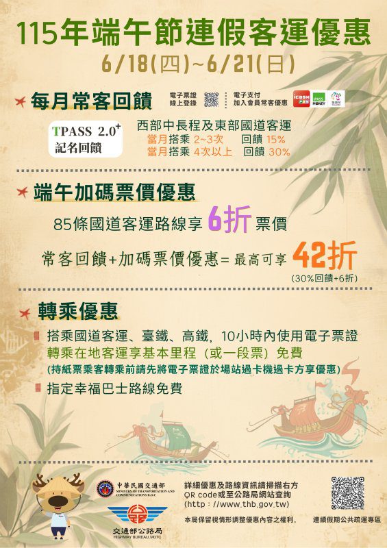 港灣新聞網／端午連假返鄉出遊省很大！國道客運最高42折　轉乘客運再享免費優惠