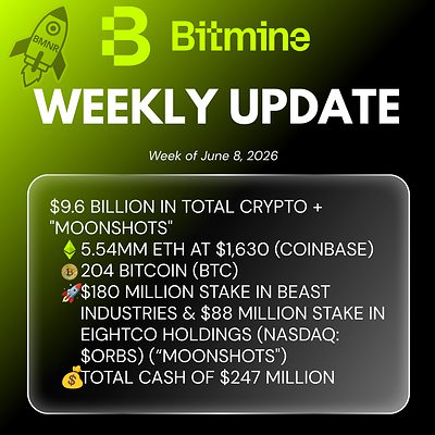 Bitmine Immersion Technologies (BMNR) 宣佈其以太幣持有量達 554 萬枚代幣，加密資產及現金總持有額達 96 億美元