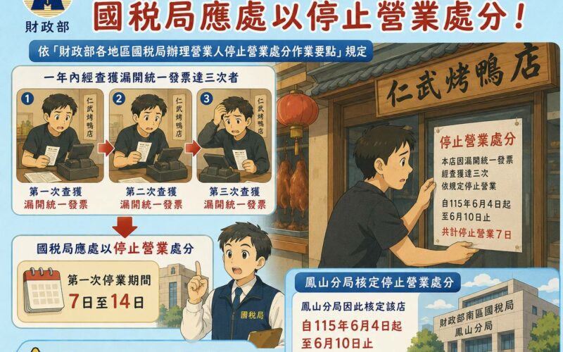 【重稅紀、強監督、護稅收】國稅局重罰仁武烤鴨連漏開發票，祭停業處分警示