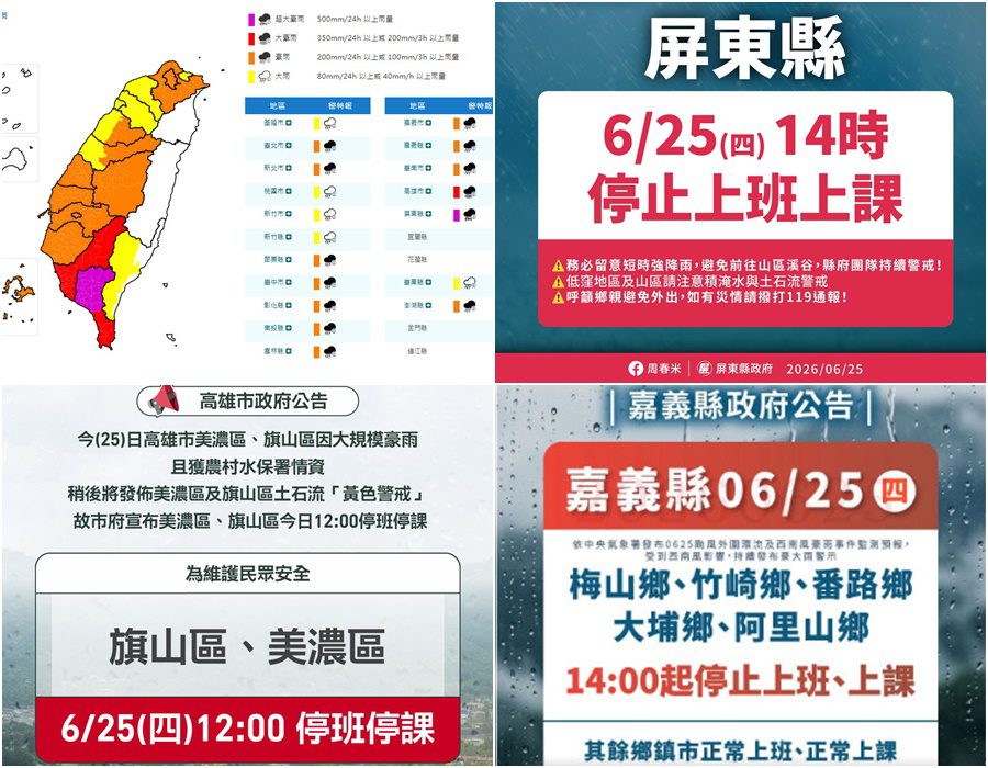 影音/0625豪雨特報連發 屏東全縣、高雄2區、嘉縣5鄉下午停班停課