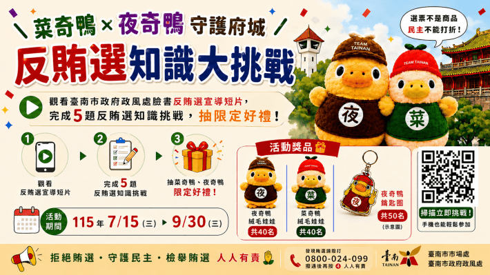 菜奇鴨＆夜奇鴨守護府城反賄選　政風處網路有獎徵答活動