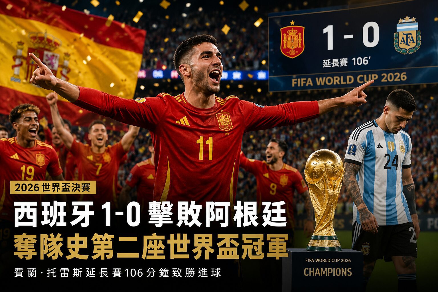 梅西神話終結！西班牙粉碎10人阿根廷衛冕夢 隊史第二座大力神盃到手