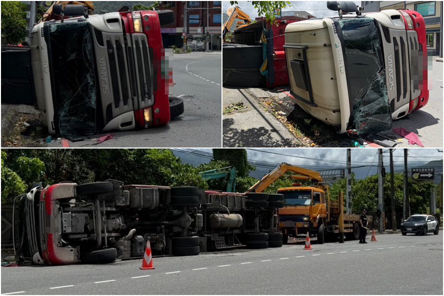 影音/疑因轉彎不慎翻車 曳引車駕駛受傷送醫