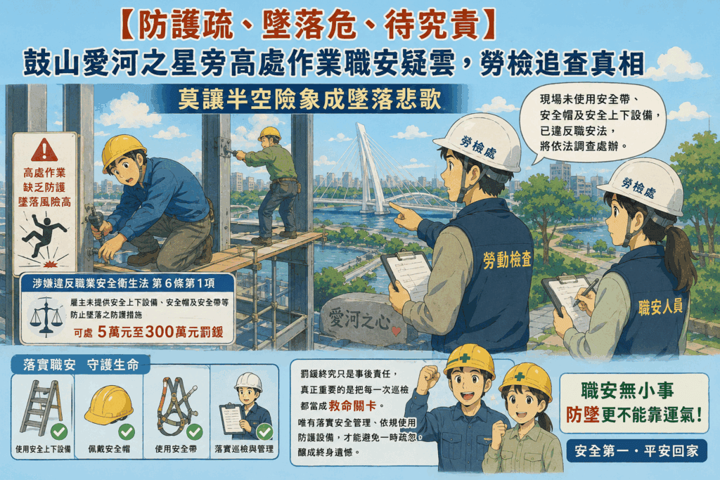 【防護疏、墜落危、待究責】鼓山愛河之星旁高處作業職安疑雲，勞檢追查真相