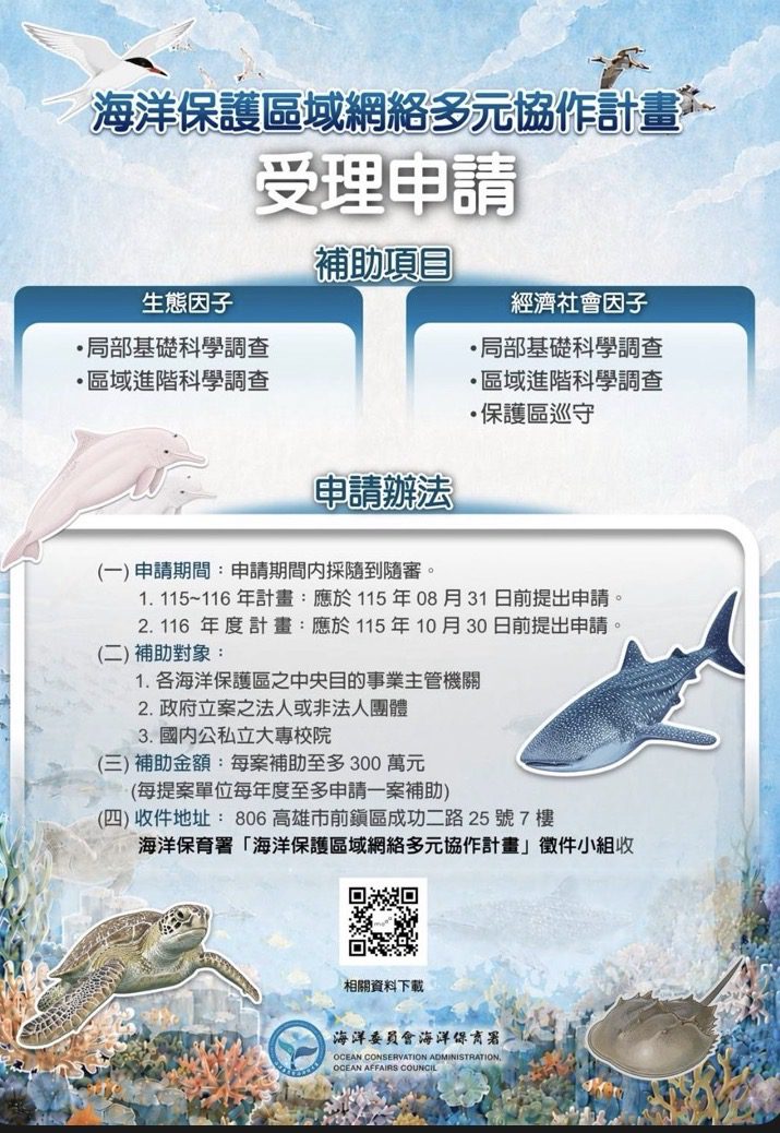 海洋保育署　「海洋保護區域網絡多元協作計畫」徵件開跑　最高補助300萬元 攜手守護韌性海洋