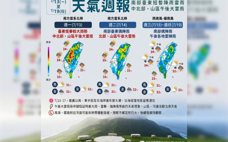 一圖看一周天氣 水氣仍多防範午後大雷雨 關島附近熱帶擾動發展中