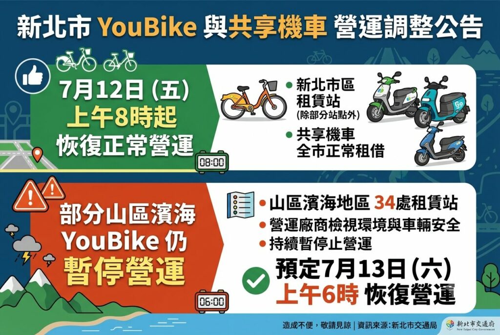 新北市市區YouBike與共享機車  12日上午8時起恢復正常營運