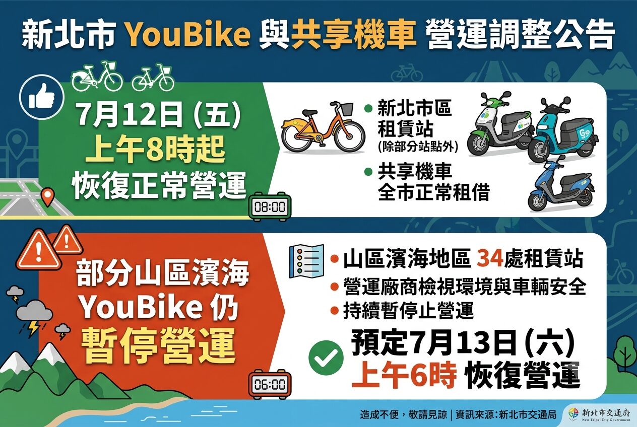 新北市市區YouBike與共享機車  12日上午8時起恢復正常營運