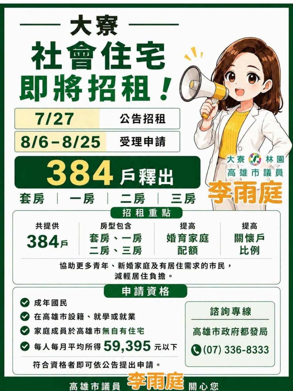 議員李雨庭關注大寮社會住宅即將招租！7/27公告、8/6開始受理申請