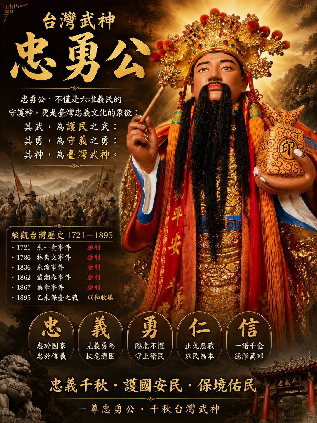 忠勇公,以忠立德,以勇衛民;以義聚眾,以武止戈。 忠勇公,以忠立德,以勇衛民;以義聚眾,以武止戈。