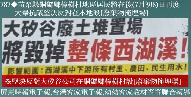 [讀者投書報導]787◆苗栗縣銅鑼鄉樟樹村地區居民將在後(7月初8)日再度大舉抗議堅決反對在本地設[廢棄物掩埋