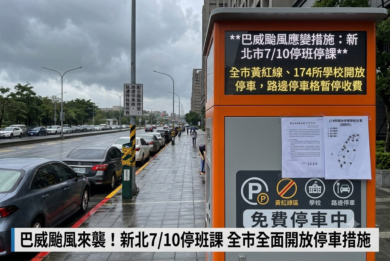 巴威颱風來襲新北市宣布10日停班停課並開放全市紅黃線停車