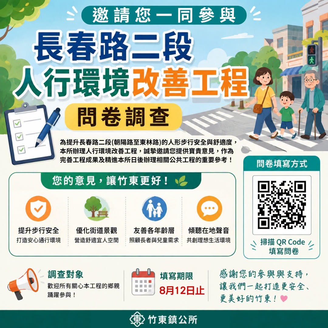 竹東鎮長春路二段人行環境改善計畫  公所展開問卷調查