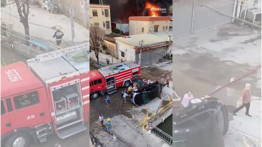 影音/廣東一輛轎車擋住消防車救災道路 民眾聯手將車掀翻推走