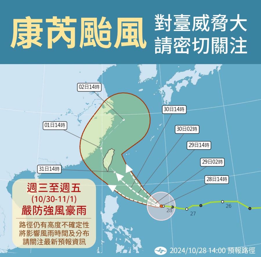 氣象署估明下半天發康芮颱風海警　「這三天」嚴防強風豪雨