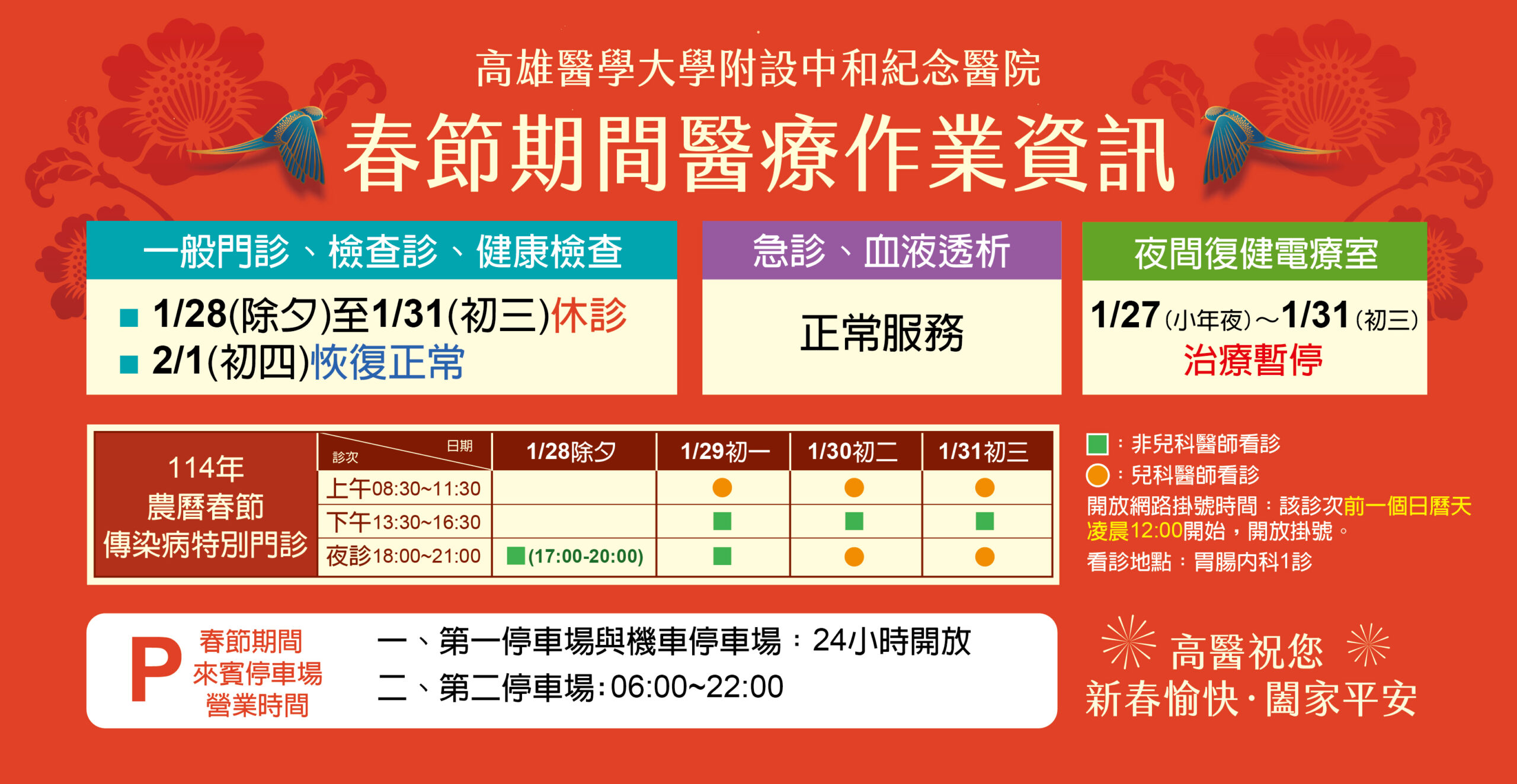 高醫門診除夕至初三休診　開設傳染病特別門診