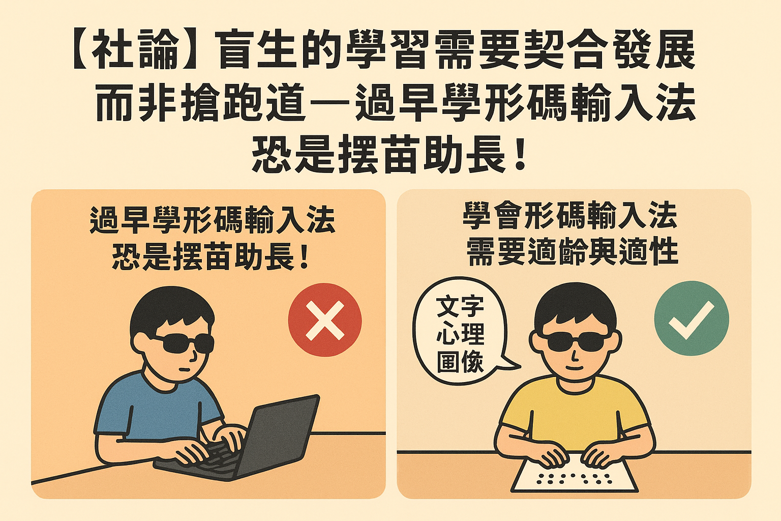 【社論】盲生的學習需要契合發展，而非搶跑道──過早學形碼輸入法恐是揠苗助長！