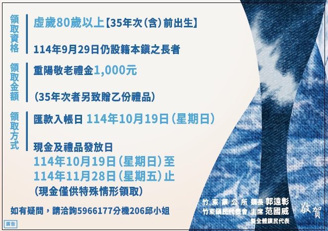 竹東鎮80歲以上重陽敬老禮金1000元  10/19匯款入帳